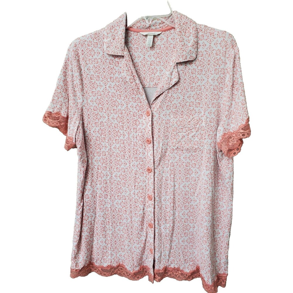 Soma Orange Short Sleeve Button-Up Pajama Top with Lace Trim Size Large
